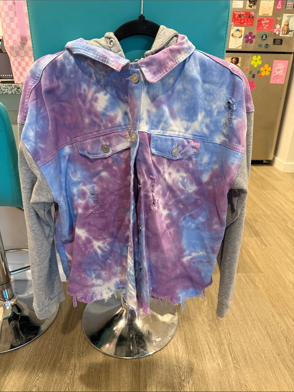 Tie-Dye Hooded Jean Jacket - Purple & Blue